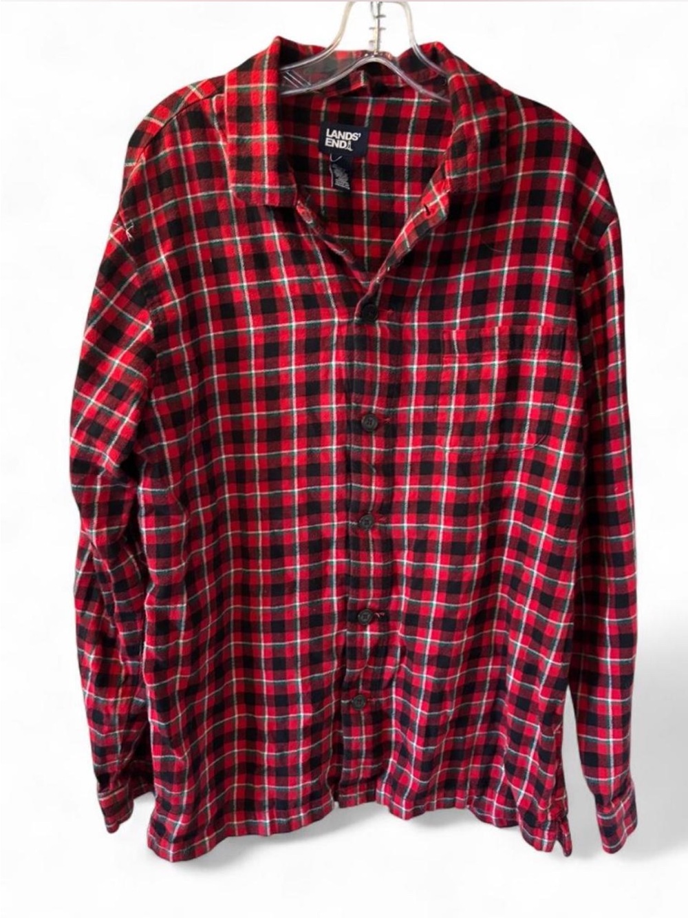 Lands' End Red Black Plaid Flannel Button-Front Pajama Top Holiday Cabincore